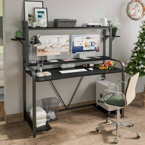 Gaming Desk with Shelves and Hutch Black Bed Bath