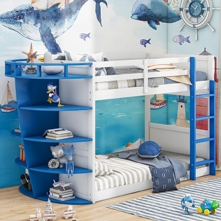 Twin Size Pine Wood Boat-Like Shape Bunk Bed with 5-Tier Storage Shelves, Guardrails, and Built-in Ladder