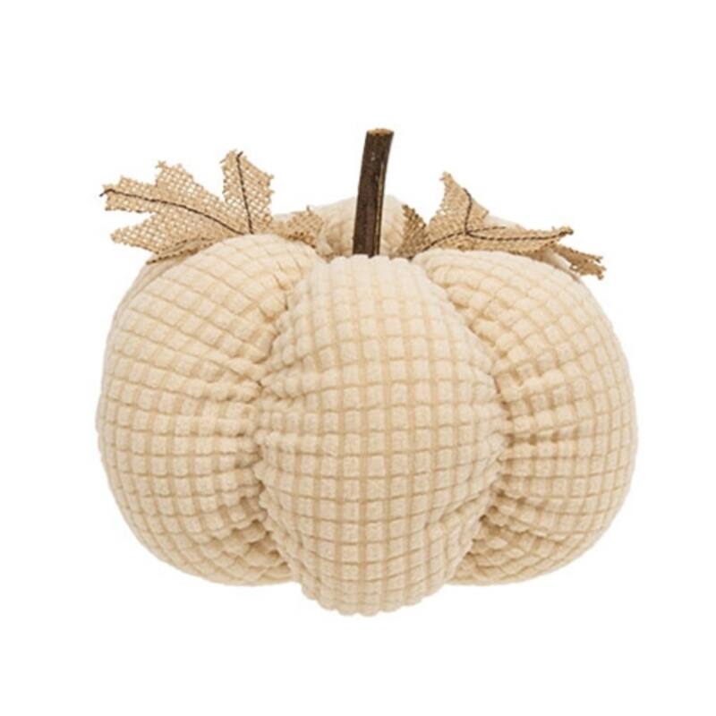 Ivory Waffle Weave Pumpkin w/Burlap Leaves - 4.75" dia. - Ivory-7"
