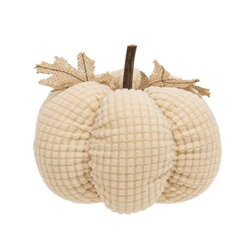 Ivory Waffle Weave Pumpkin w/Burlap Leaves - 4.75" dia.
