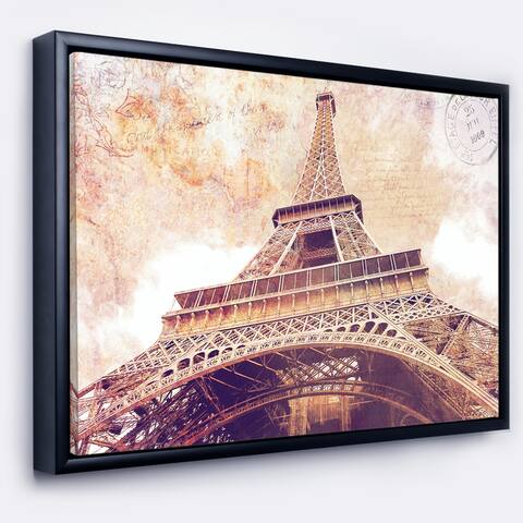 Designart 'Paris Paris Eiffel TowerParis Postcard Design' Cityscape Framed Canvas Print