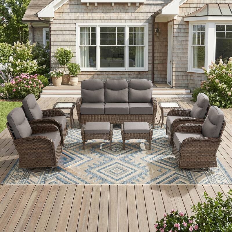 Pocassy Outdoor Sofa Swivel Chair and Ottman with Coffee Table - Brown Wicker Gray Cushion - 9-Piece Sofa Swivel Chiar with Ottoman