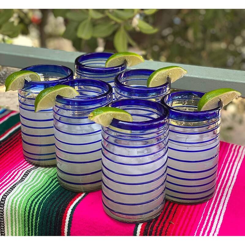 Dos Sueños Hand Blown Mexican Drinking Glasses - Set of 6 Glasses with Cobalt Blue Spiral Design (14 oz each)
