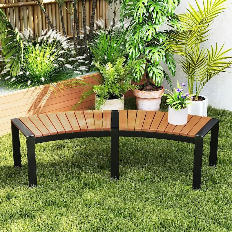 Natural Black Acacia Wood Metal Curved Backless Outdoor Garden Bench - 23"D x 57.5"W x 18"H
