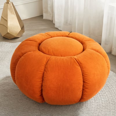 WOWMAX 33 Inches Pumpkin Shape Ottoman Coffee Table, Extra Large Round Ottoman, Upholstered Ottoman Coffee Table, Orange