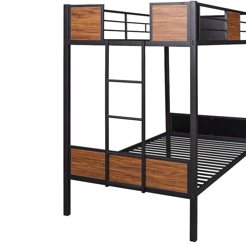 Twin over Twin Size Metal Bunk Bed Modern Style Steel Frame with Safety Rail, Built-in Ladder