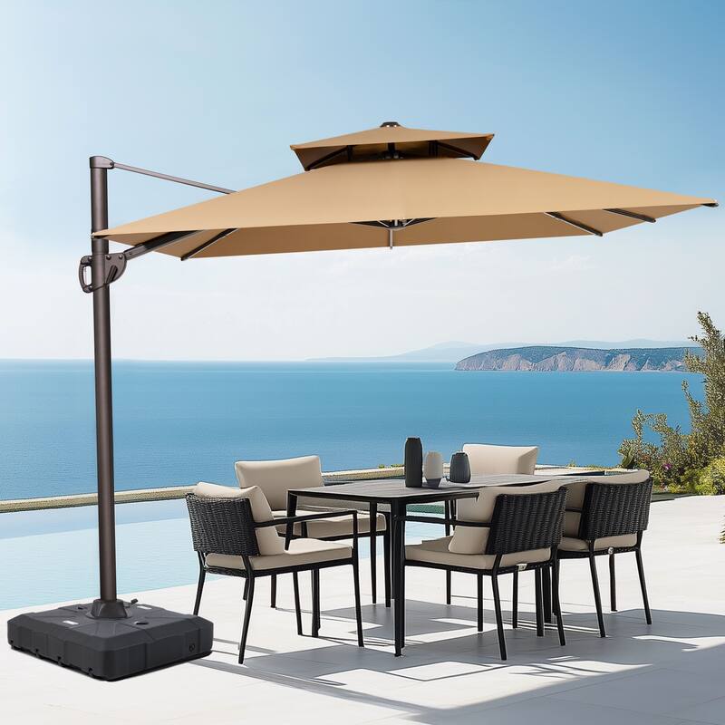 Outdoor Patio 9 FT x 12 FT Dual Top Umbrella Cantilever Offset with Base stand - Tan