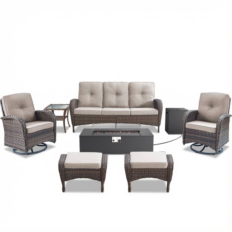 Pocassy Outdoor 7-Piece Sofa Swivel Chair Ottoman with Fire Table