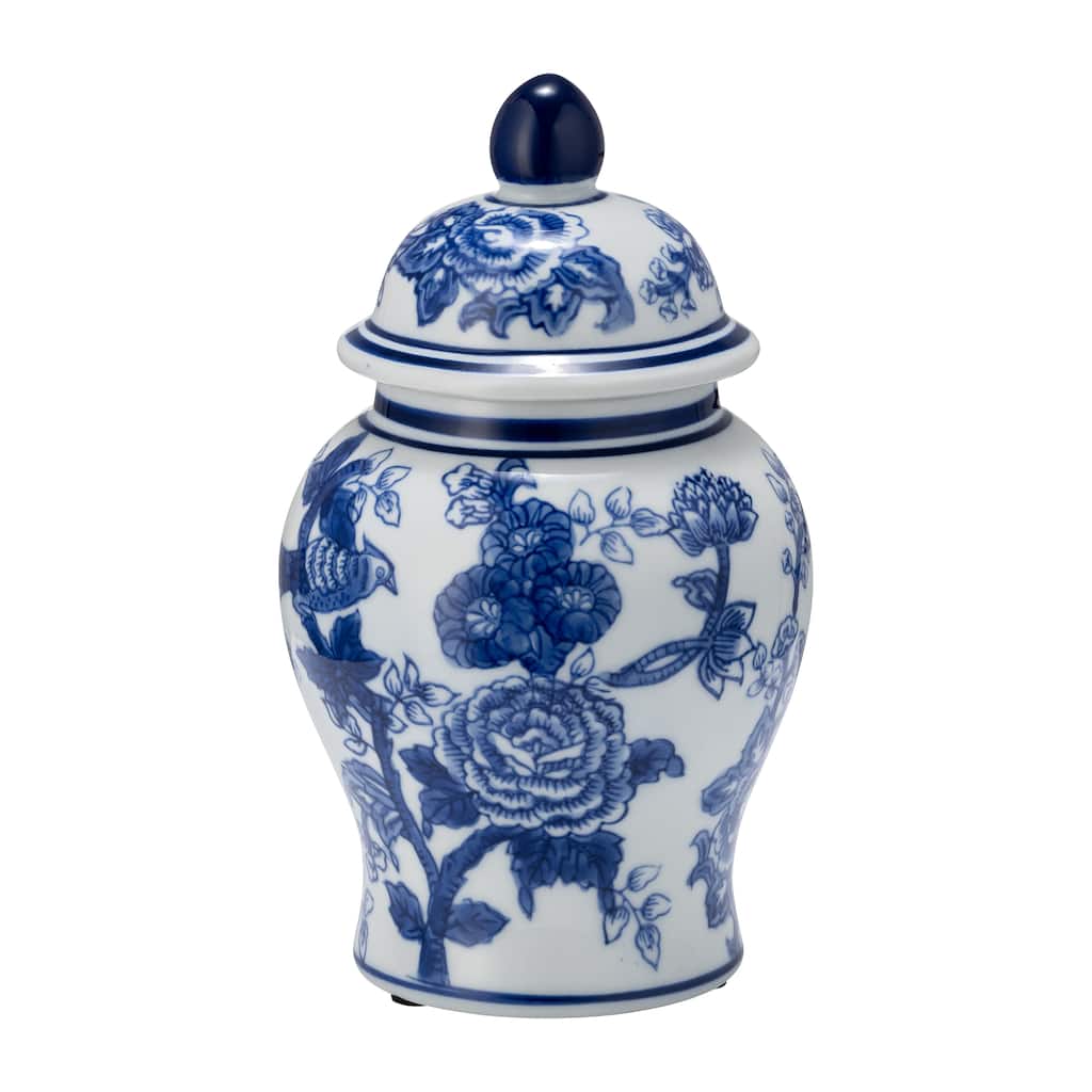 Ceramic Chinoiserie Bird and Flower Decorative Temple Jar