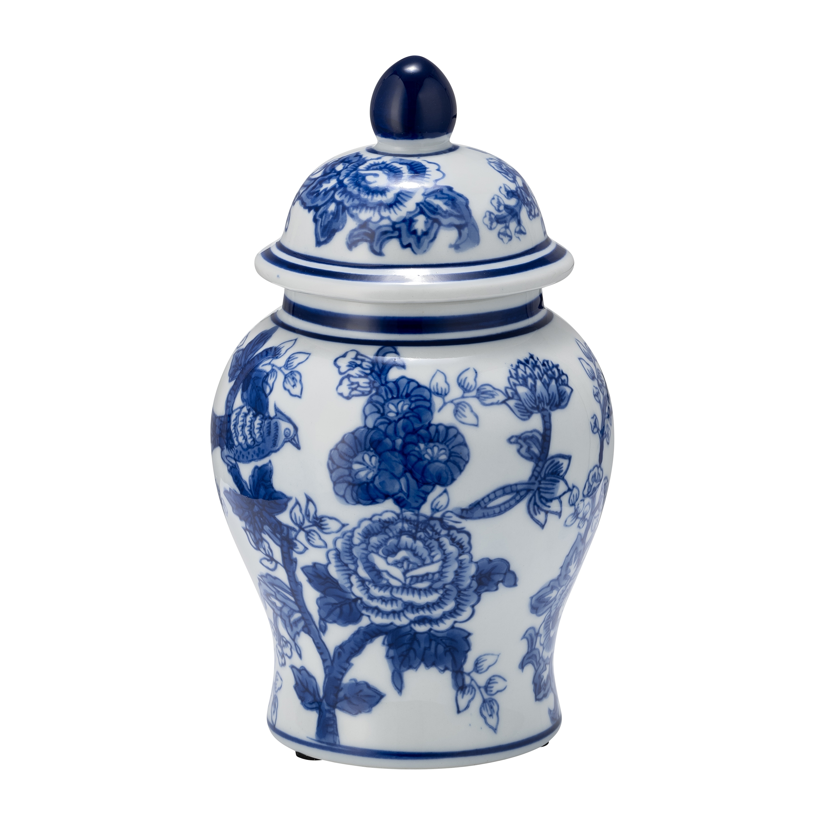 Ceramic Chinoiserie Bird and Flower Decorative Temple Jar