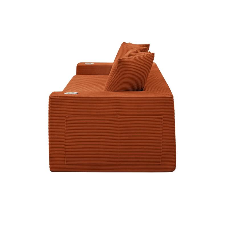 Modern Convertible Loveseat Sofa Bed, Corduroy Fabric Foldable Floor Couch w/5 Pillows, Side Pockets & Cup Holders, No Assembly