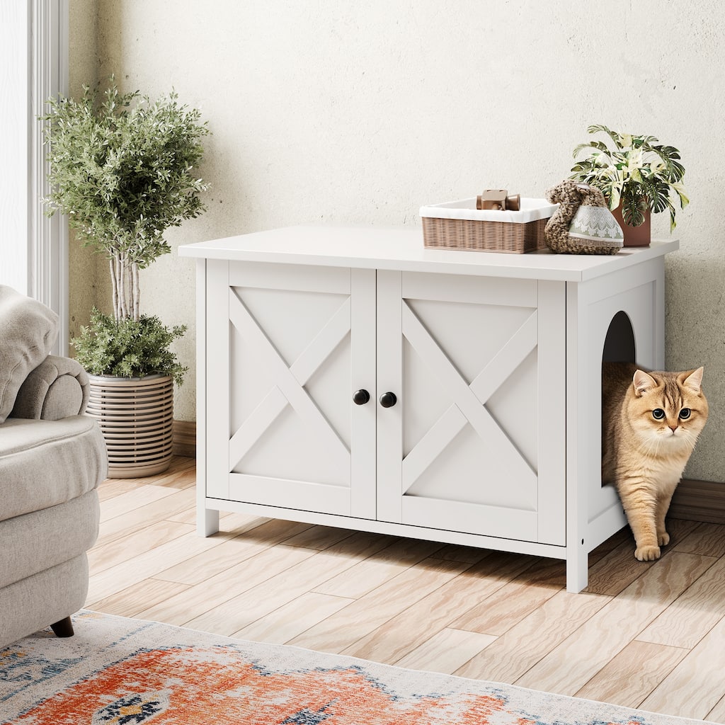 Modern Cat Cage Cabinet with Litter Box Enclosure, Multi-Functional Pet Furniture