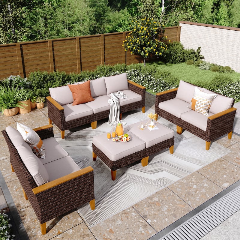 9-Piece Outdoor Wicker Sectional Sofa Patio Furniture Luxury Conversation Set, Beige Cushion - 9-Seat - Type H