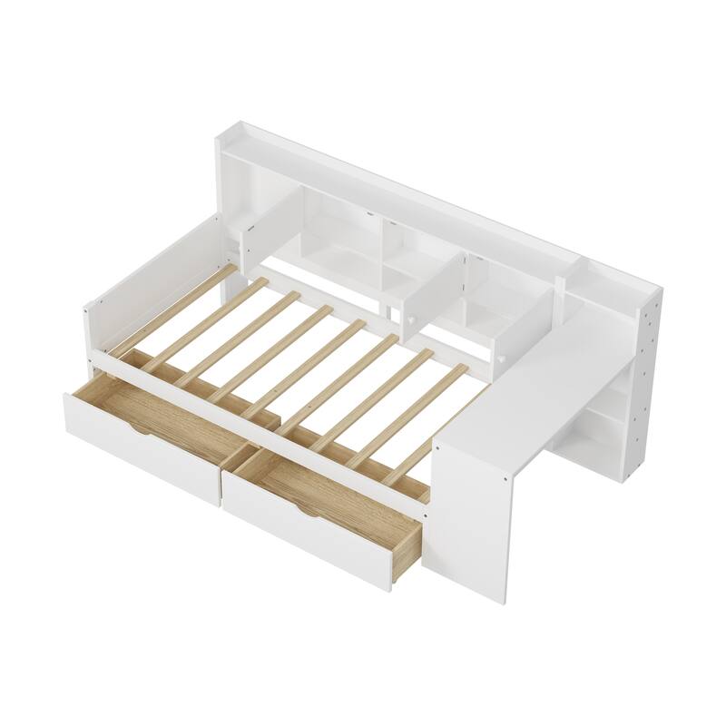 Wooden L Shaped Daybed with Bookcase and 2 Drawers, Multi-functional Corner Platform Sofa Bed Frame with Built In Desk