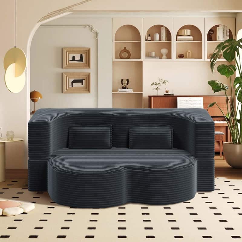 Modern 78" Full Size Convertible Corduroy Foam-Filled Sleeper Sofa,Modern Floor Sofa with 2 Pillows