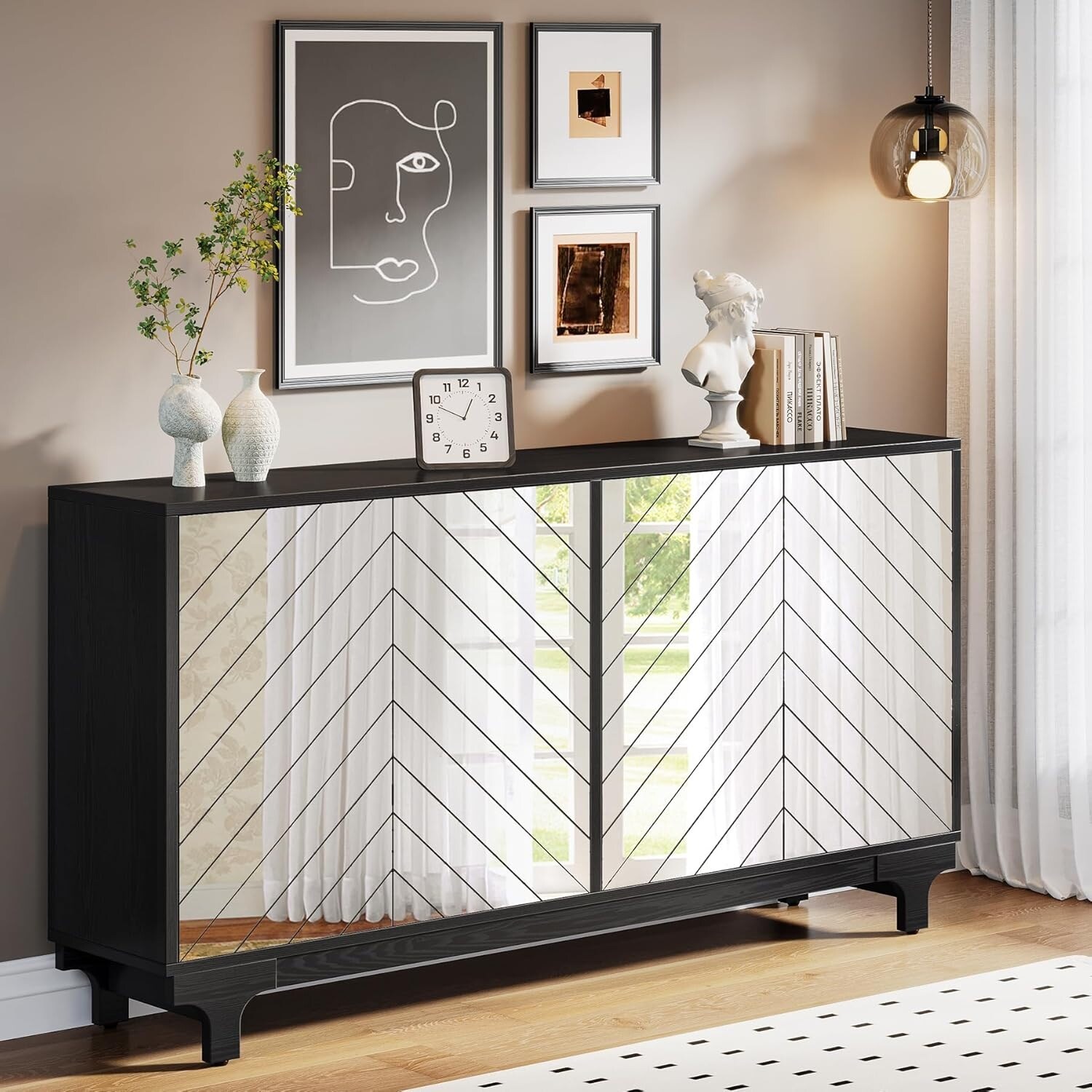 59 Inches Black Wood/ Mirror Sideboard Cabinet, Mirrored Buffet