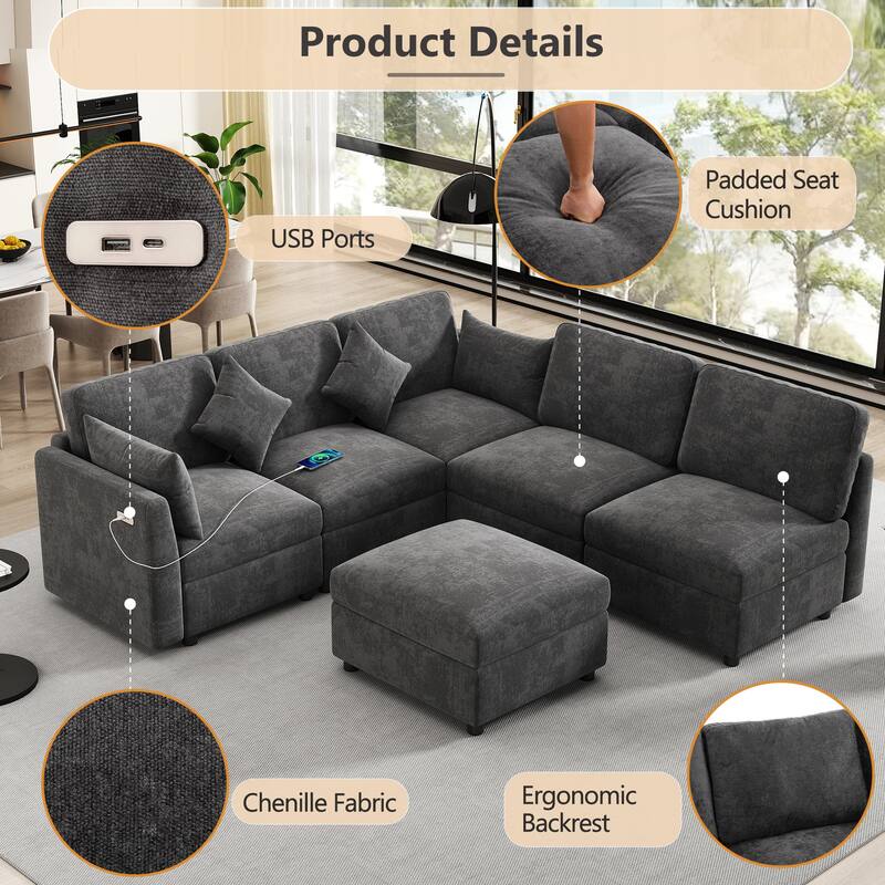 L-Shaped Modular Sectional Sofa Convertible U-Shaped Sofa Bed with Movable Ottoman and 2 USB Ports, 2 Pillows, Chenille 5 Seat