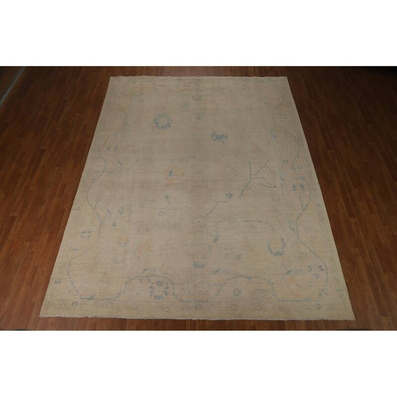 Vegetable Dye Oushak Turkish Area Rug Hand-Knotted Beige Wool Carpet - 8'11"x 11'10"