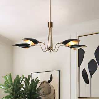 Mid-Century Modern 5-Light Black Gold Chandelier Wheel Pendant Lights with Metal Shades - 40" D x 16.1" H