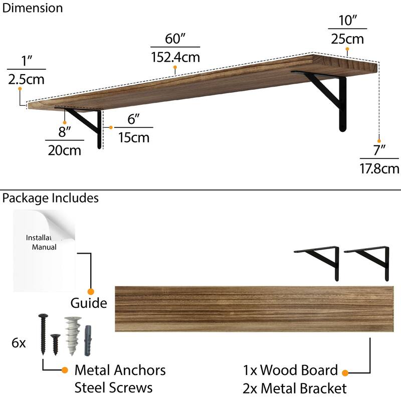 Wallniture Forme 48"-60" Long Floating Shelves for Living Room & Office Decor, Solid Wood Shelves, Wall Mounted, 1" Thick, Burnt