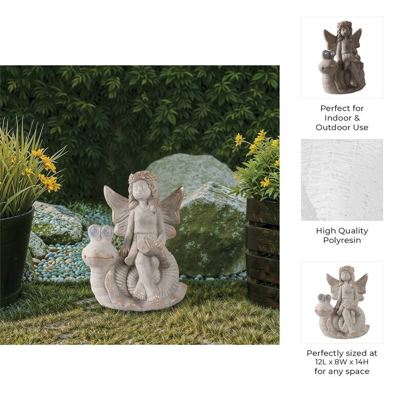 Resin Garden Statuary Fairy Sculpture Glass Orb on Tree Stump