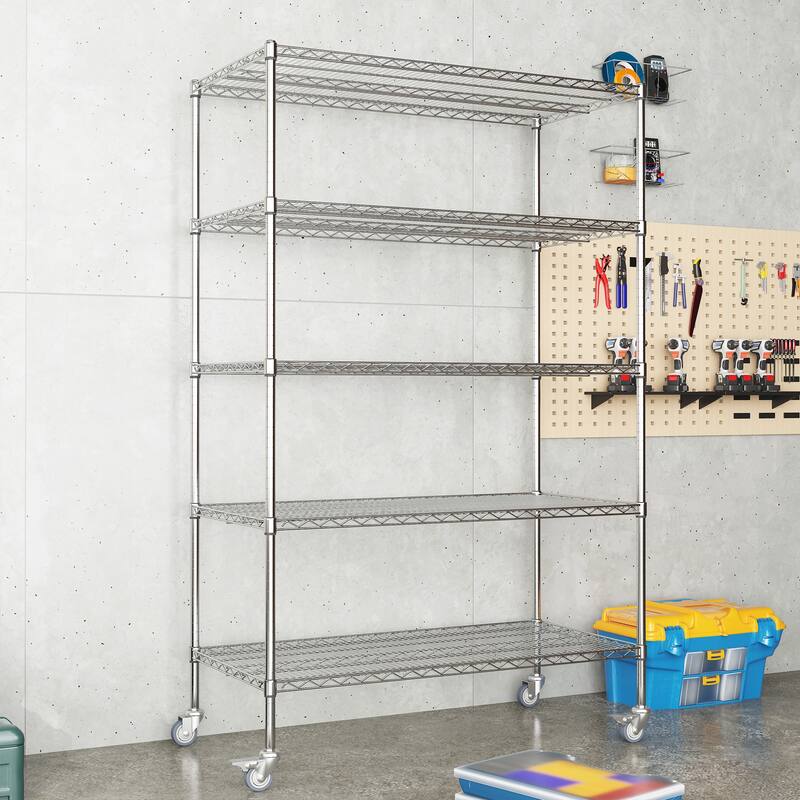 47''W x 24''D x 72''H 5 Tier Heavy Duty Adjustable Kitchen Shelving Unit, Wire Storage Shelves with Wheels
