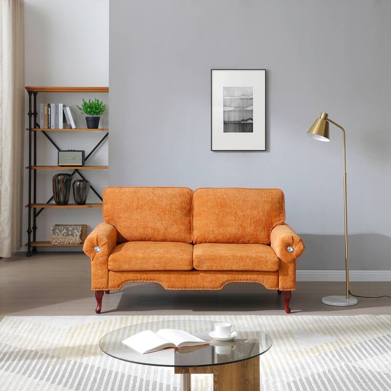 66" Linen Loveseat Sofa with Wooden Legs, Crystal Buttons & Tufted Back - Orange