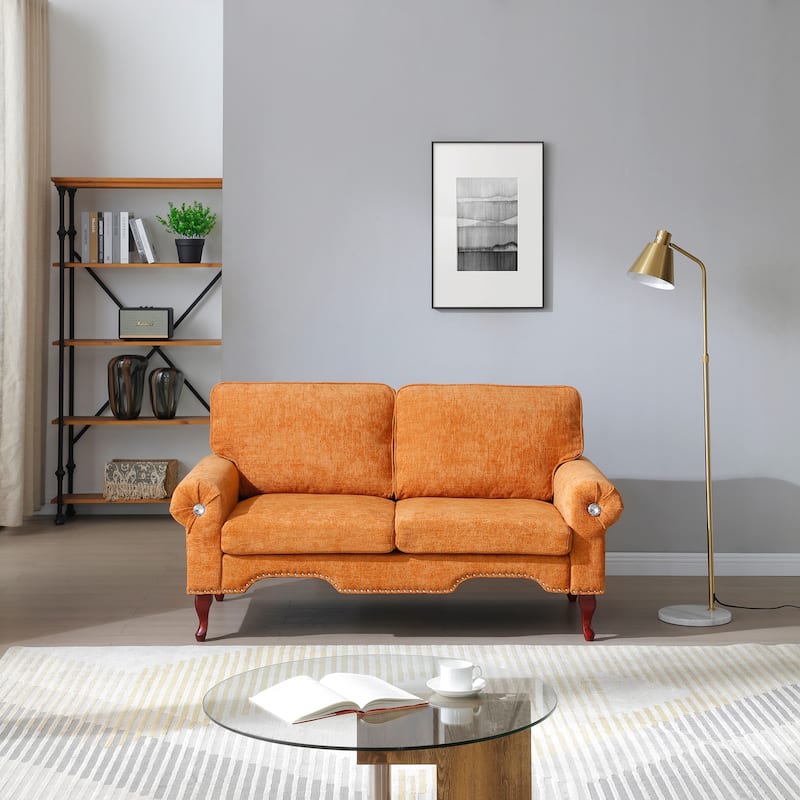 Linen Upholstered Loveseat Sofa Chesterfield Lounge Couch with Nailhead Trim, Rolled Arms and Crystal Button Accents - Orange