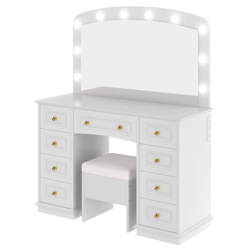 Vanity Desk with 10 Hollywood Bulbs & Stool, Multi-functional Vanity Set, Dressing Table with Charging Station & 9 Drawers