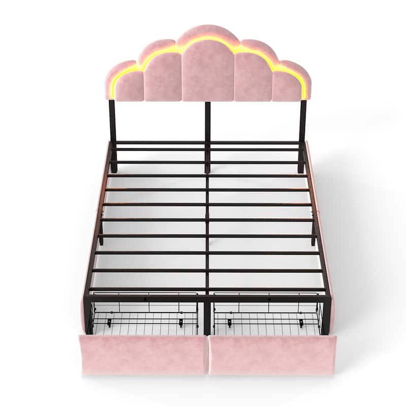 Velvet Upholstered Platform Bed with RGB LED Petal Headboard, Under Bed Storage Drawers Princess Bed Frame