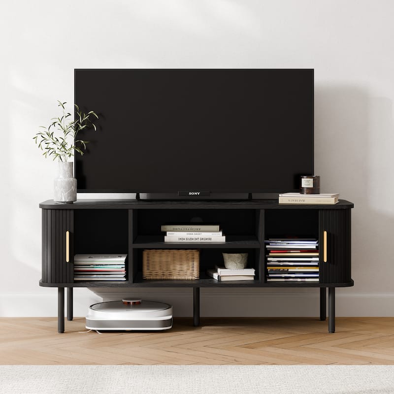 Mid-Century Modern Media Console, Tambour TV Stand with Storage Cabinet and Shelf