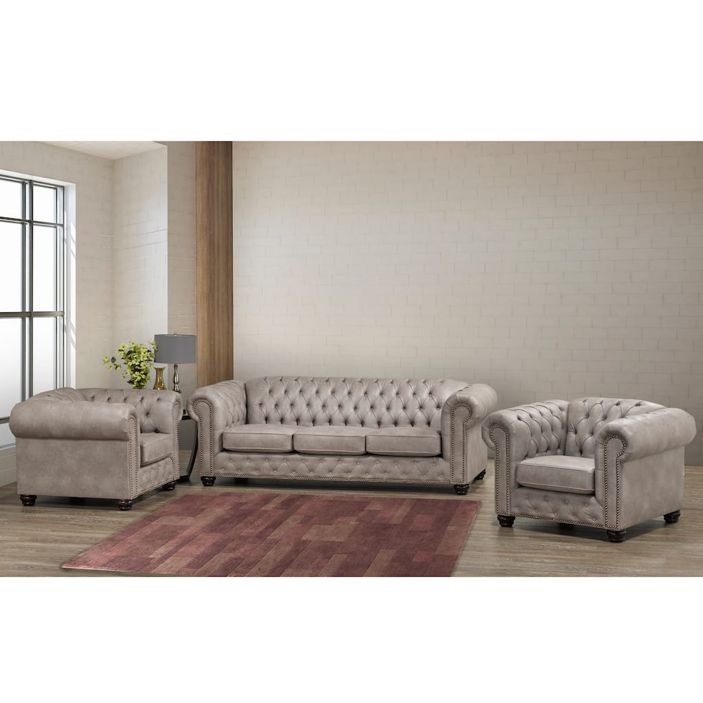Heston Tufted Light Grey Faux Leather Chesterfield Sofa and Two Chairs Set