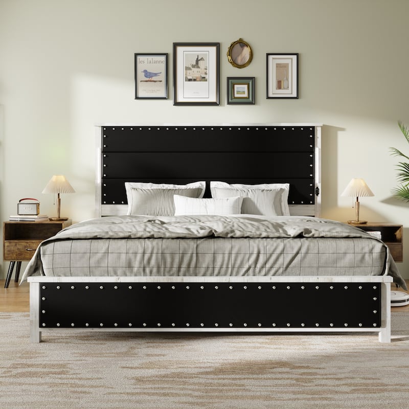 King Size Bed Frame with Upholstered Headboard, Charging Station & LED Lights, Dark Gray Faux Leather, No Box Spring Needed