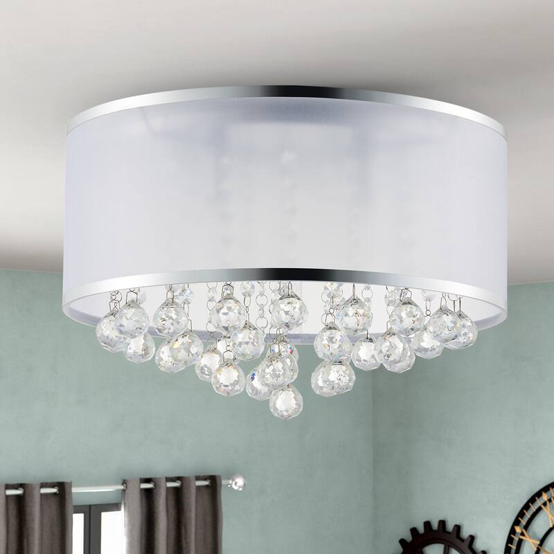 CO-Z 16-inch 4-Light Crystal Flush Mount Chandelier with White Drum Shade