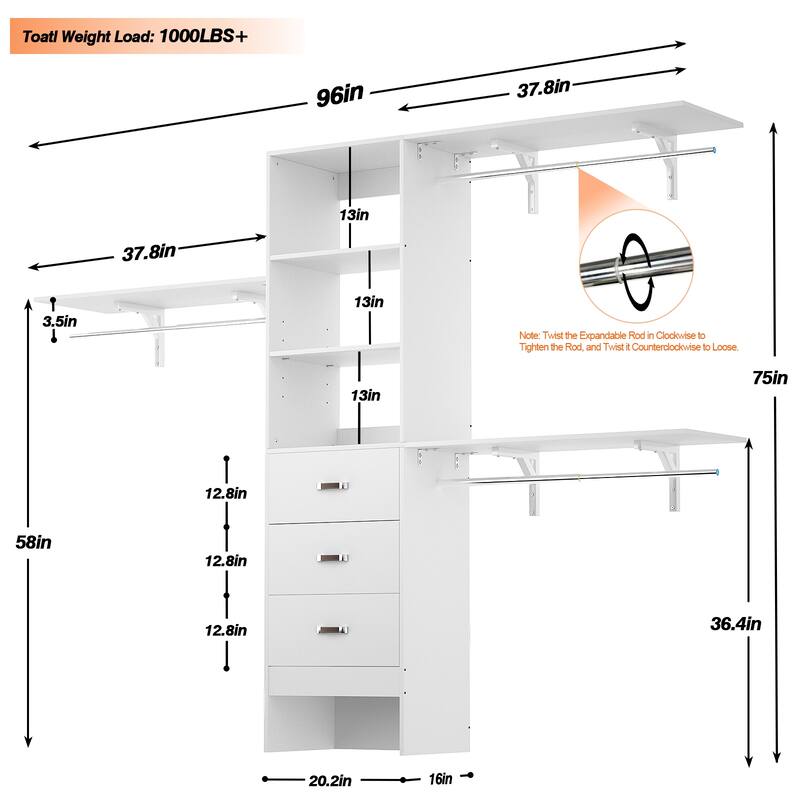 20.2'' - 96'' W Closet Organizer with Drawers, Closet System with Hanging Rods and Adjustable Shelves