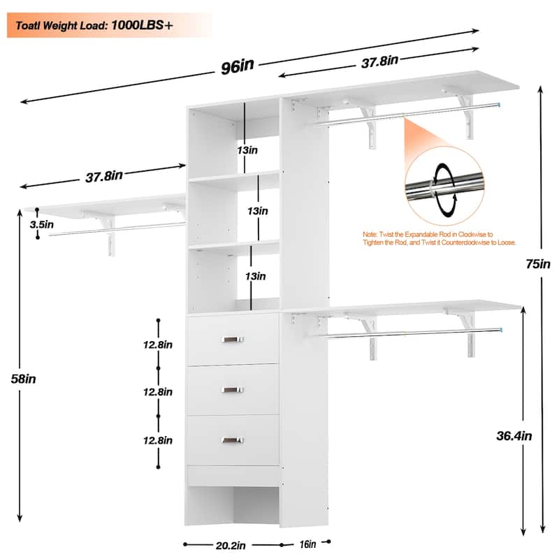 Rackcog 120'' Adjustable Closet Organizer with Drawers, Closet System with DIY Shelves for Reach-in and Walk-in Closet