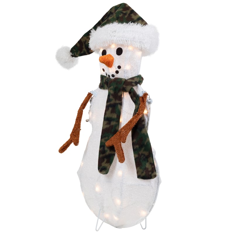 24" Lighted White Green Chenille Snowman Outdoor Christmas Decoration