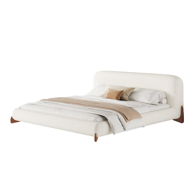White Upholstered Low-Profile Platform Bed with Boucle Thick Headboard, Solid Wood Legs Grounded Bed Frame, Floor Bed