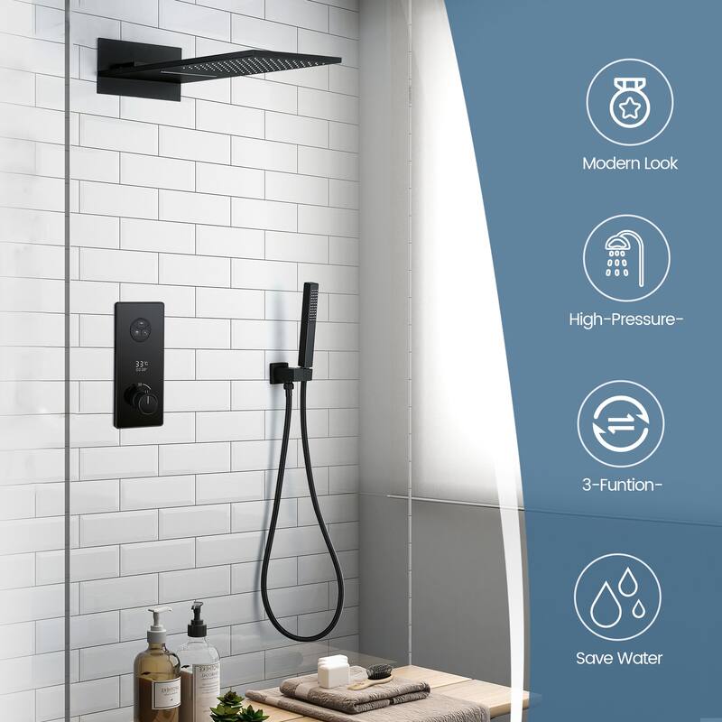 Digital Display Thermostatic Complete Shower System with Rough in-Valve, Rain Shower Faucet Set