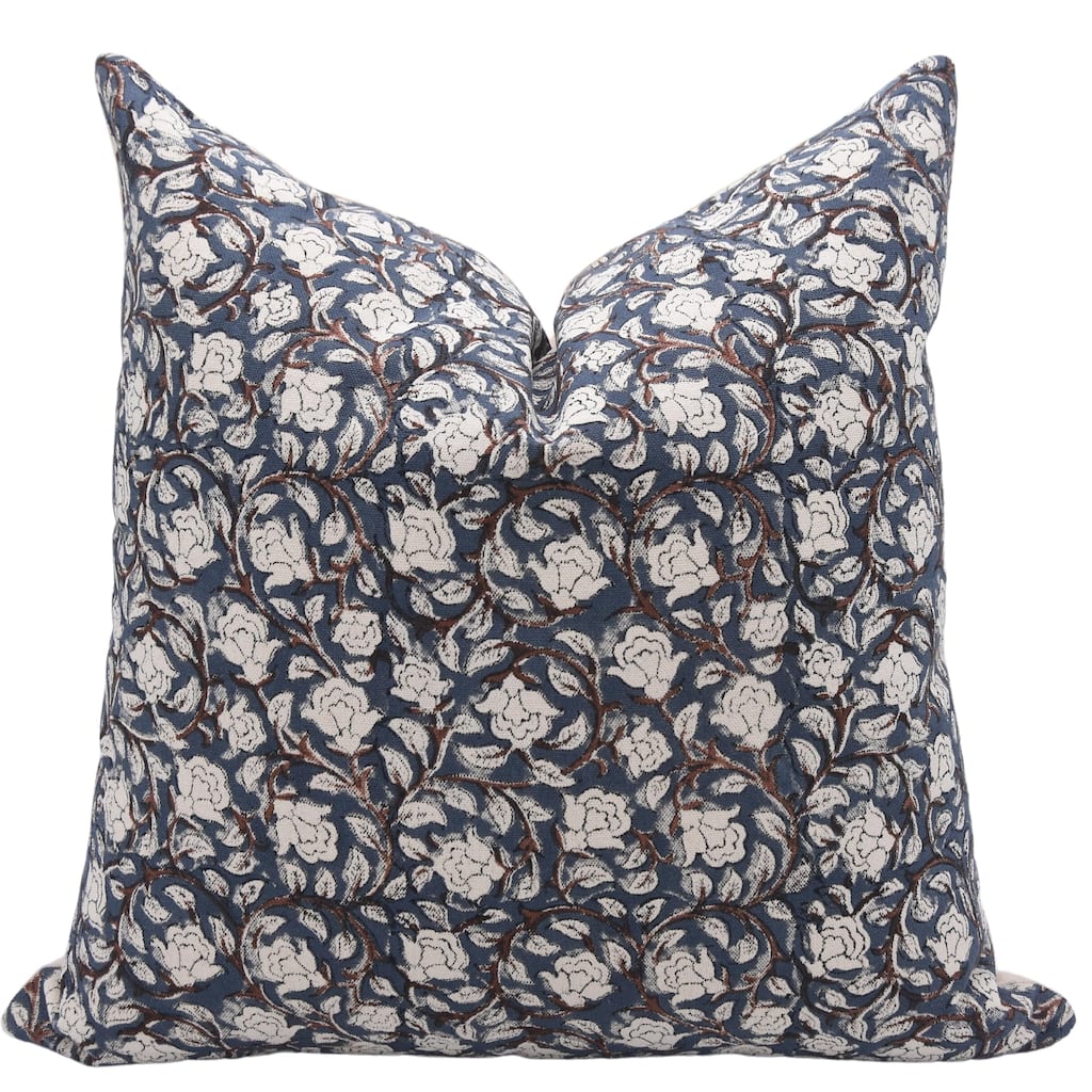 Floral Dark Blue Hidden Zipper Hand Block Floral One Side Print Pillow Cover By Fabdivine