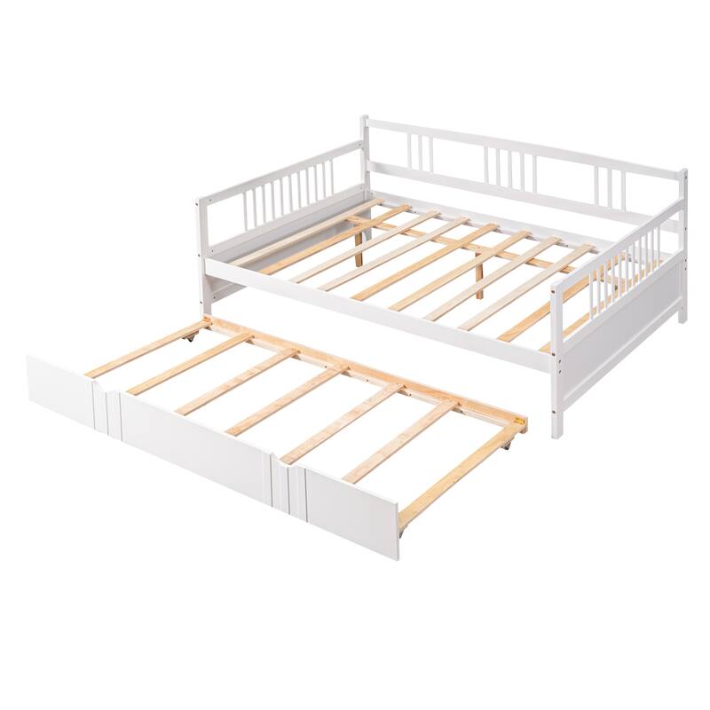 White Full Size Daybed with Twin Trundle, Solid Pine Wood Frame, Multi-Functional Furniture