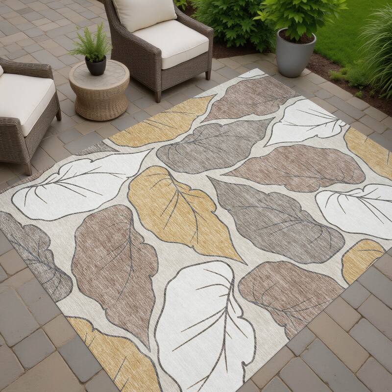 Machine Washable Indoor/ Outdoor Contemporary Floral Chantille Rug - Linen - 5' x 7'6"