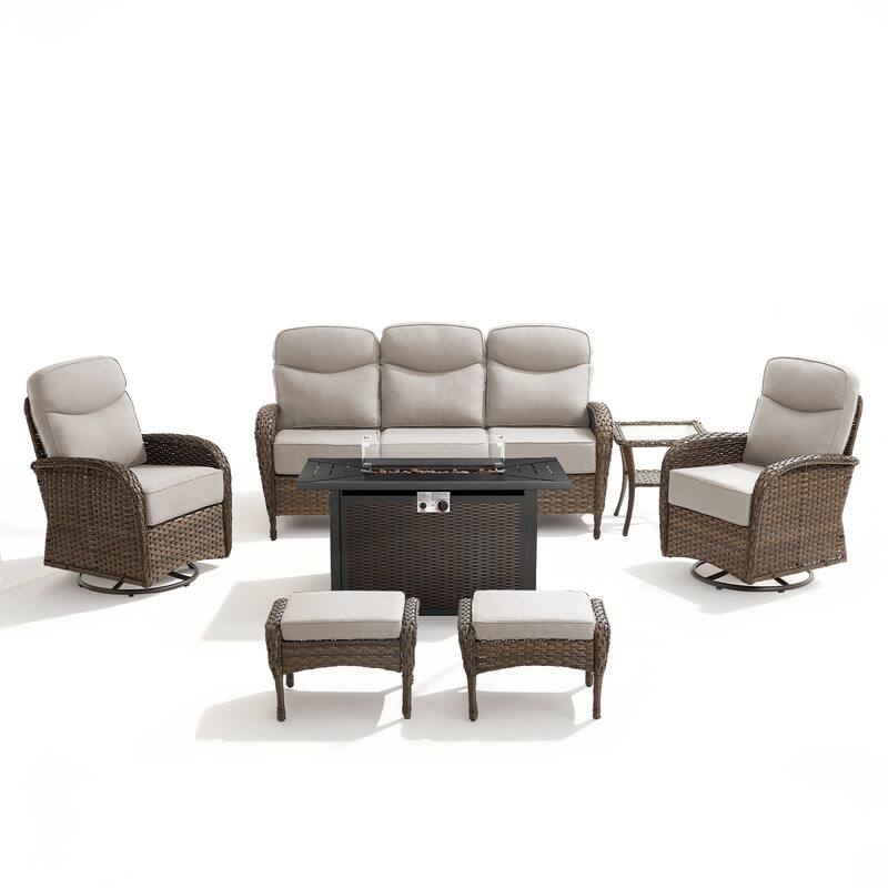 Luna 7-Piece Wicker Outdoor Patio Fire Pit Sofa Set with 6-Inch Thick Cushions