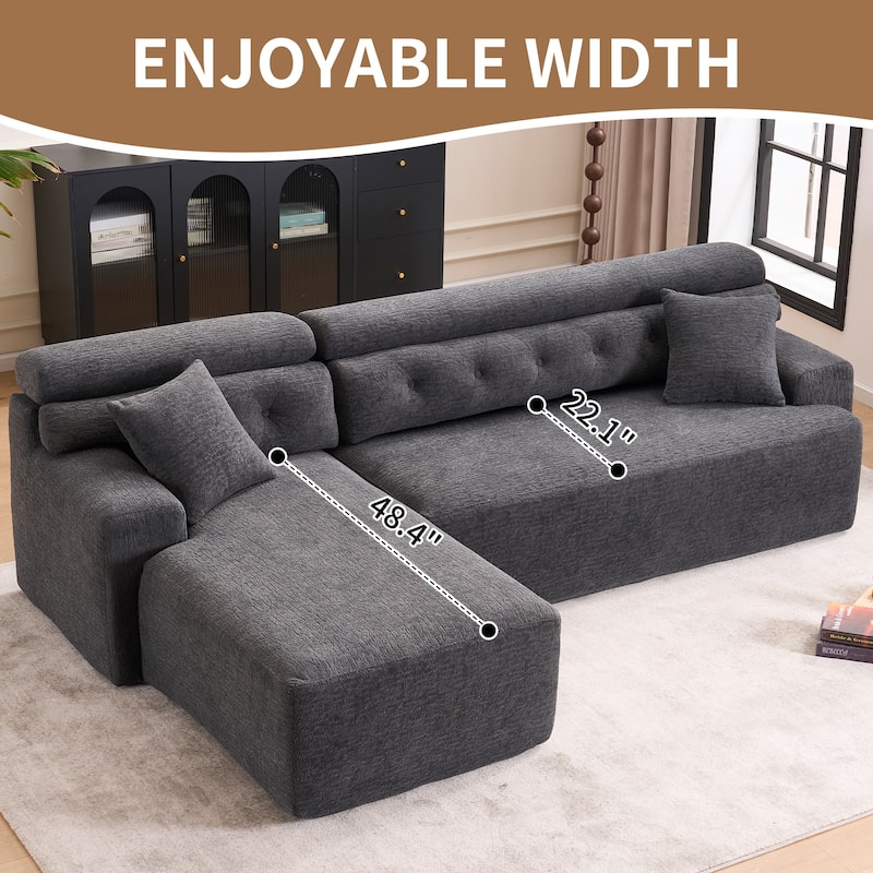 105" Wood Grain Chenille 3-Seater Sectional Sofa with Chaise Lounge and 2 Pillows