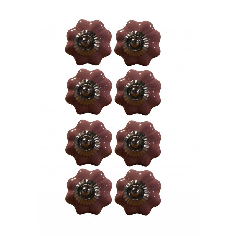 Ceramic Floral Round Knobs Set with Silver Finish and Screw - 8 - Glossy Pink-Silver-Red