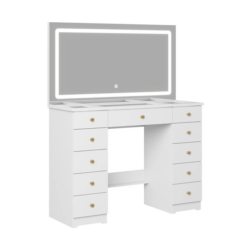 LED Lighted Makeup Vanity w/10 Drawer Modern Dressing Table for Bedroom Glass Top Vanity Table