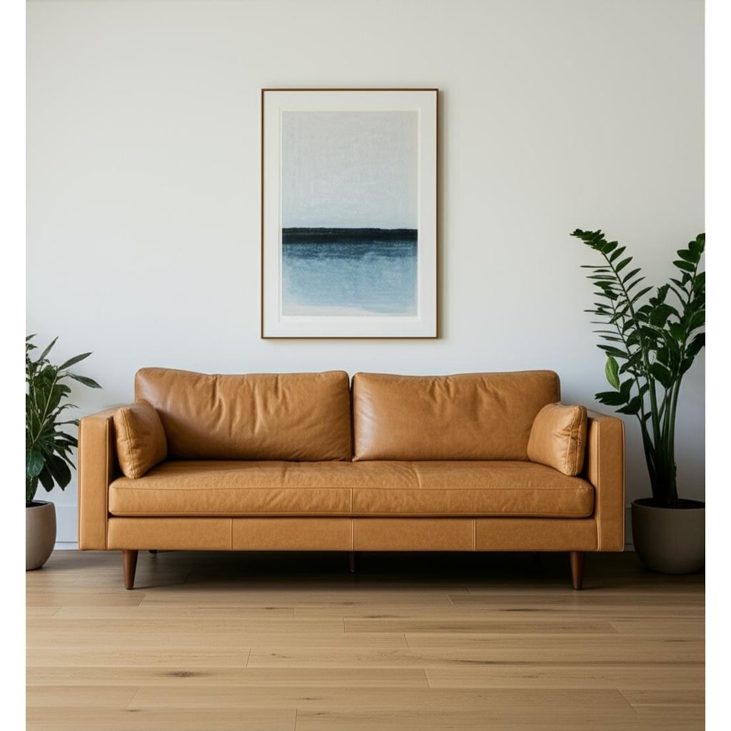 HomeRoots 88" Tan Leather Sofa And Toss Pillows With Brown Legs