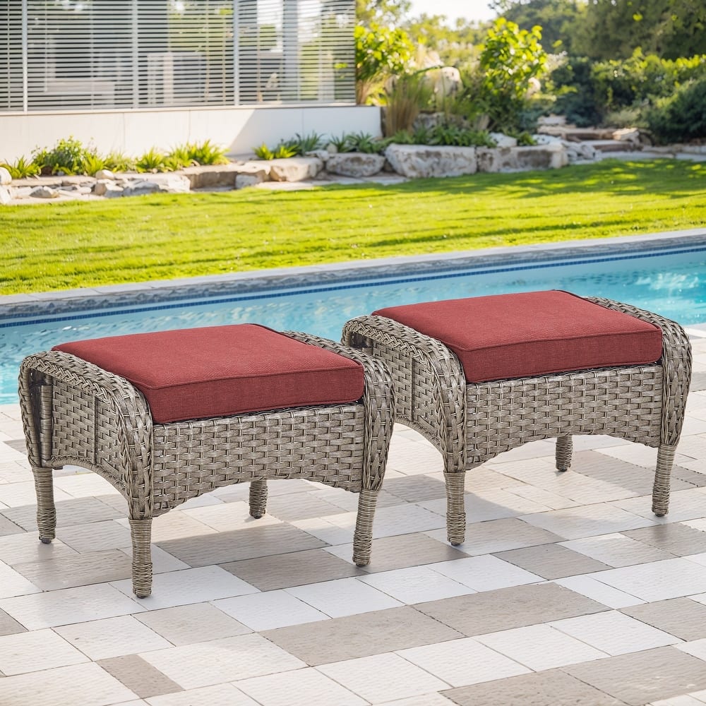 Gymojoy Versatile Outdoor Wicker Ottomans with Soft Cushions