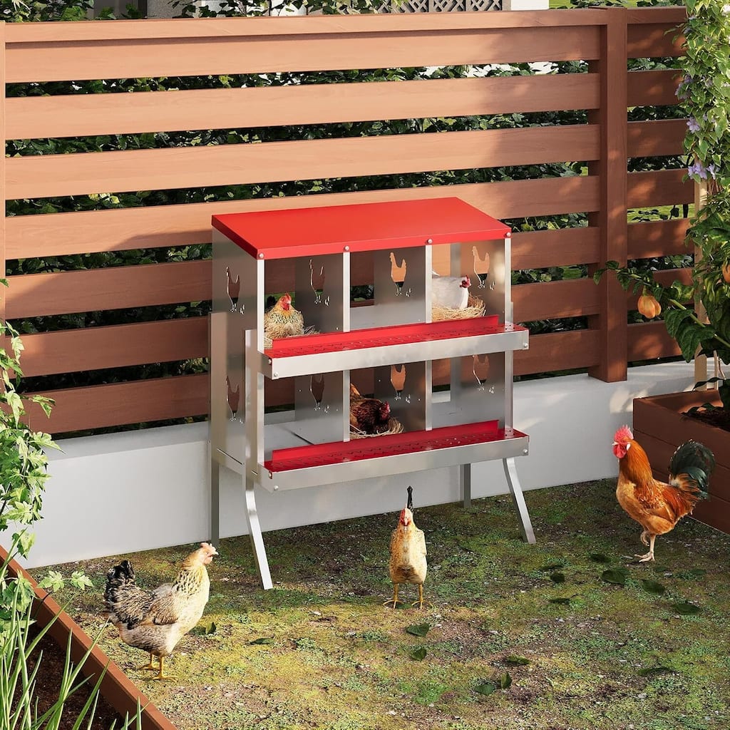 Wall-Mount or Free-Standing Metal Chicken Nesting Box for Hens, Red with Legs