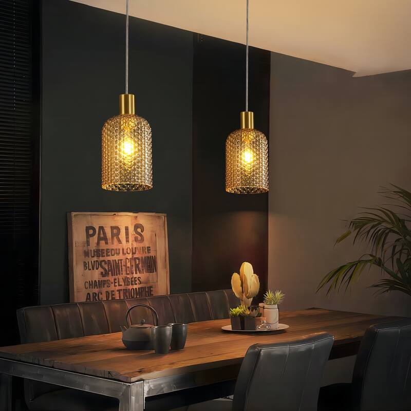 1/3-Light Modern Glam Bell-Shaped Adjustable Island Pendant Light with Clear/Blue/Amber Textured Glass